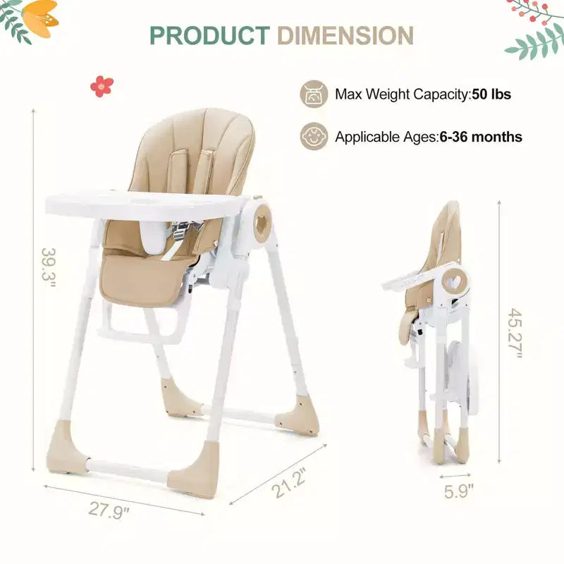 39.3 Chaise Haute Pliante Légère pour Bébé avec Harnais de Sécurité à 5 Points, Sûre et Fiable pour Bébés et Tout-petits en Croissance