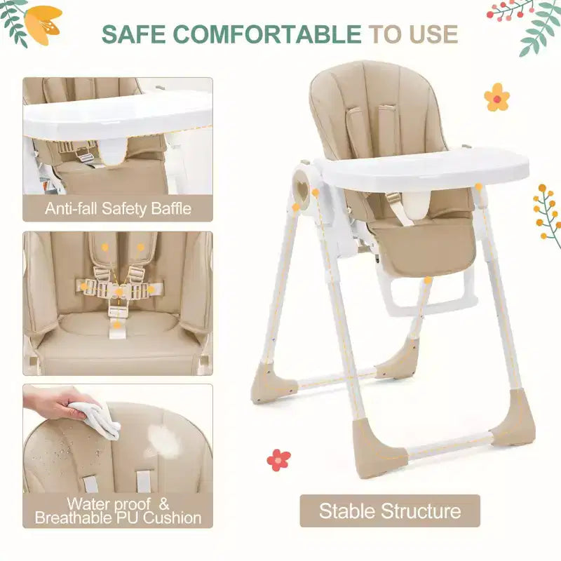 39.3 Chaise Haute Pliante Légère pour Bébé avec Harnais de Sécurité à 5 Points, Sûre et Fiable pour Bébés et Tout-petits en Croissance