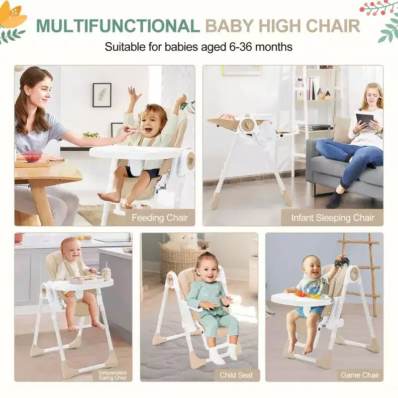 39.3 Chaise Haute Pliante Légère pour Bébé avec Harnais de Sécurité à 5 Points, Sûre et Fiable pour Bébés et Tout-petits en Croissance
