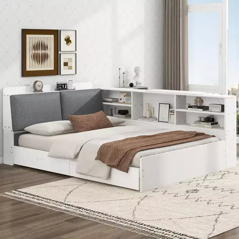 FAMYYT Full Size Platform Bed?With Storage Headboard, Shelves and 2 Drawers, Easy Assembly
