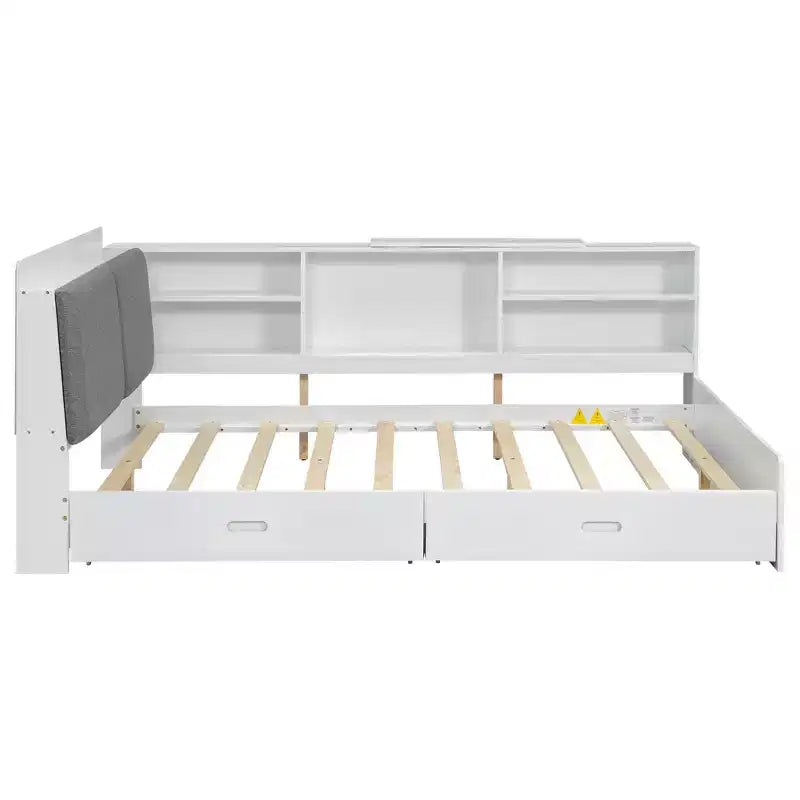 FAMYYT Lit plateforme double avec tête de lit de rangement, étagères et 2 tiroirs, assemblage facile