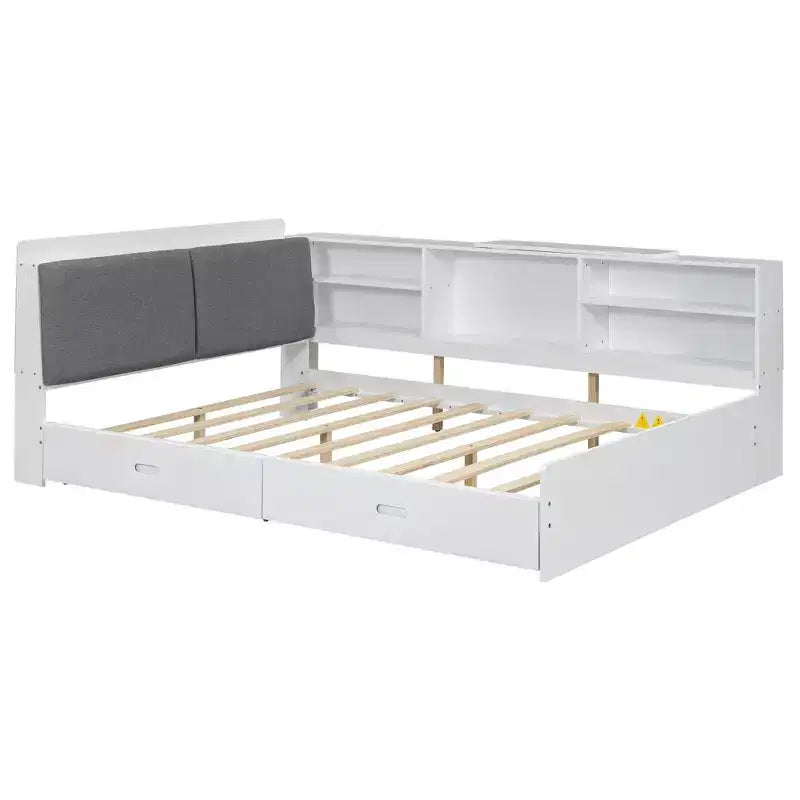 FAMYYT Lit plateforme double avec tête de lit de rangement, étagères et 2 tiroirs, assemblage facile
