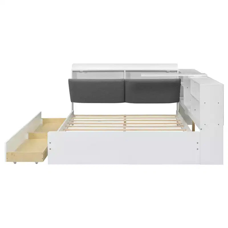 FAMYYT Lit plateforme double avec tête de lit de rangement, étagères et 2 tiroirs, assemblage facile