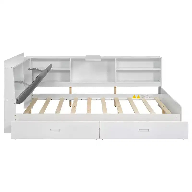 FAMYYT Lit plateforme double avec tête de lit de rangement, étagères et 2 tiroirs, assemblage facile