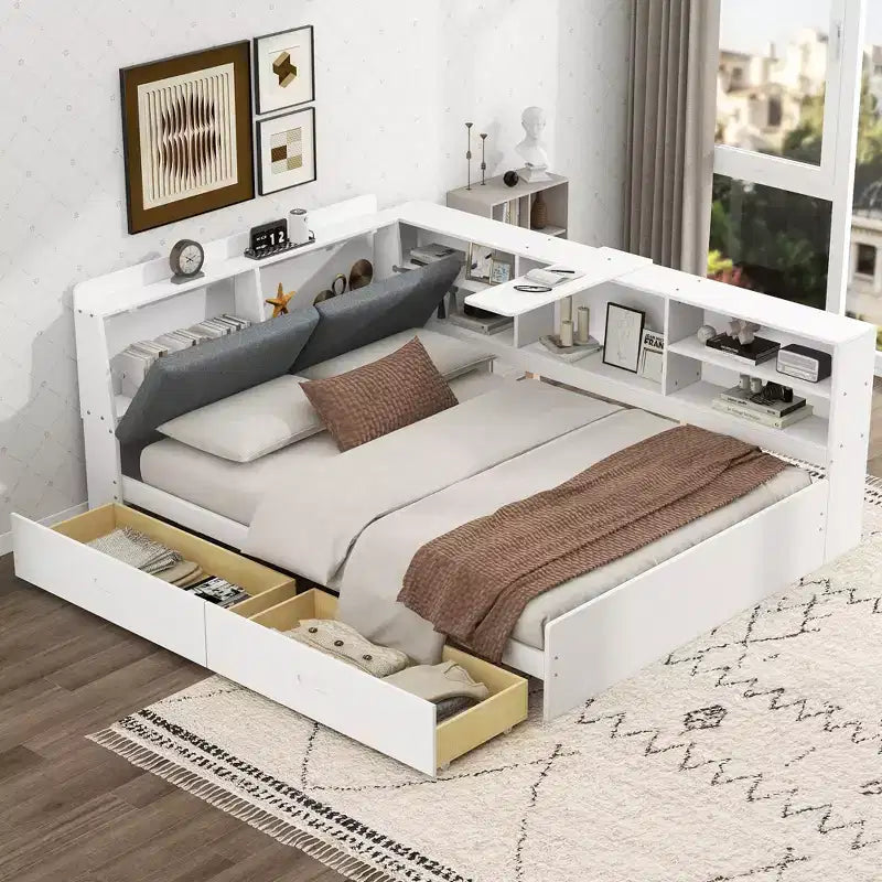 FAMYYT Lit plateforme double avec tête de lit de rangement, étagères et 2 tiroirs, assemblage facile