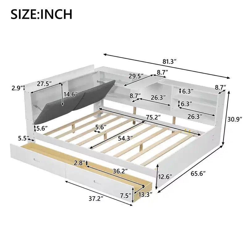 FAMYYT Lit plateforme double avec tête de lit de rangement, étagères et 2 tiroirs, assemblage facile