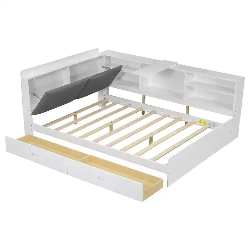 FAMYYT Lit plateforme double avec tête de lit de rangement, étagères et 2 tiroirs, assemblage facile