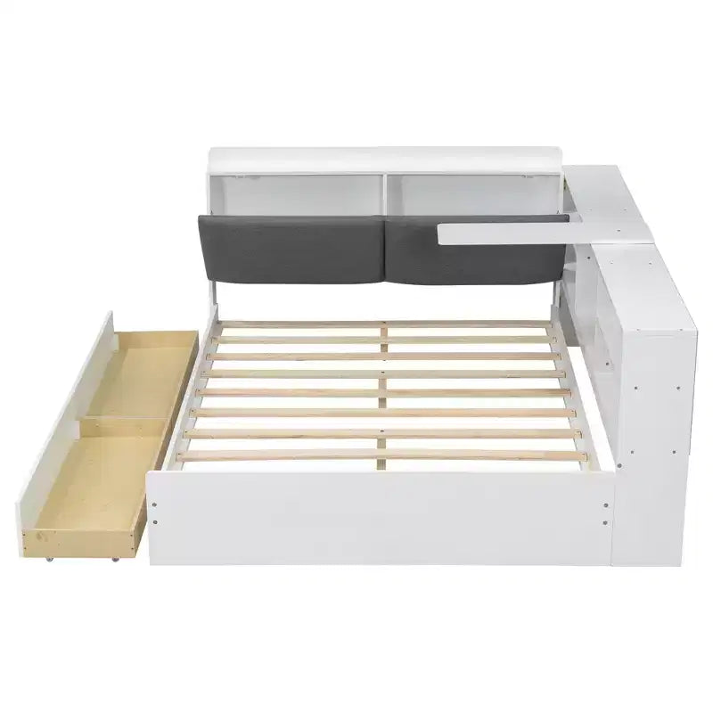 FAMYYT Lit plateforme double avec tête de lit de rangement, étagères et 2 tiroirs, assemblage facile