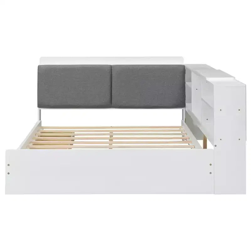 FAMYYT Lit plateforme double avec tête de lit de rangement, étagères et 2 tiroirs, assemblage facile