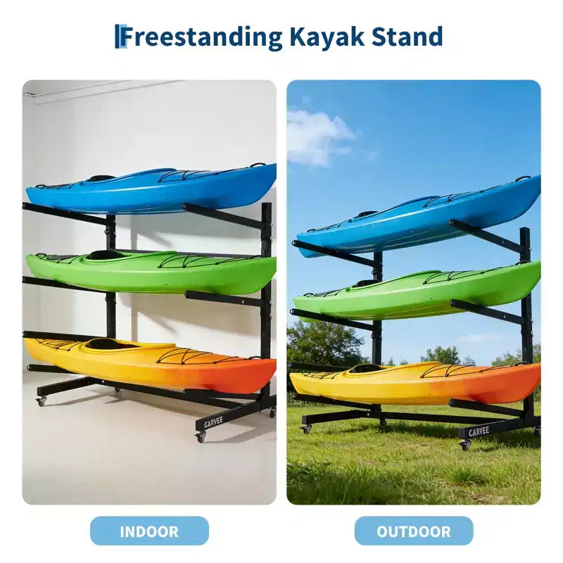 Freestanding Kayak Storage Rack with Wheels, Adjustable Kayak Racks for Garage and Outdoor, Kayak Stands for Canoes, Kayaks, SUP and Surfboards