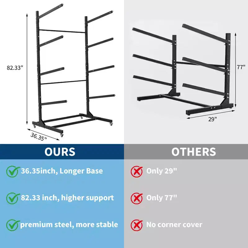 Freestanding Kayak Storage Rack with Wheels, Adjustable Kayak Racks for Garage and Outdoor, Kayak Stands for Canoes, Kayaks, SUP and Surfboards