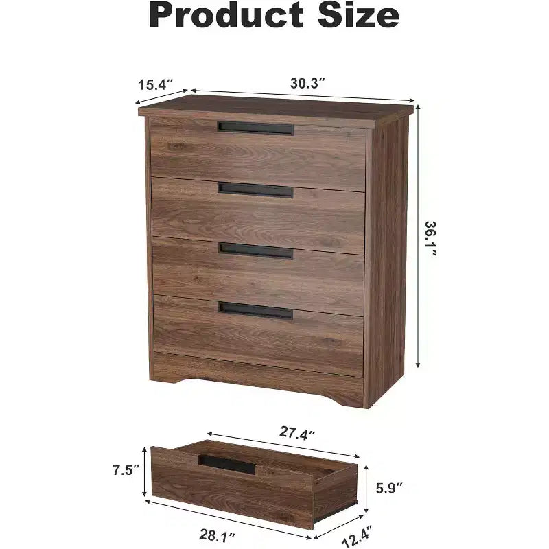 GustoWave Commode de chevet moderne à 4 tiroirs pour chambre à coucher, salon, chambre à coucher, marron
