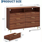 Commode moderne GustoWave de 120 cm de large avec 6 tiroirs pour chambre à coucher, avec lumières LED et station de recharge, marron