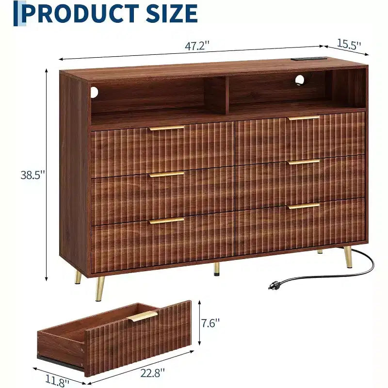 Commode moderne GustoWave de 120 cm de large avec 6 tiroirs pour chambre à coucher, avec lumières LED et station de recharge, marron