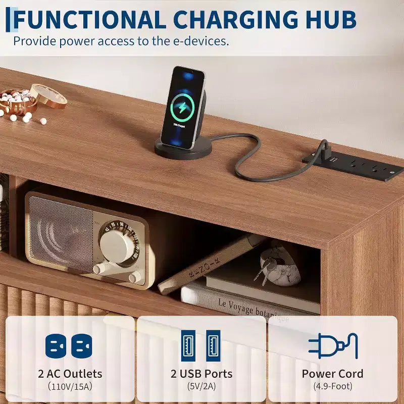 Commode moderne GustoWave de 120 cm de large avec 6 tiroirs pour chambre à coucher, avec lumières LED et station de recharge, marron