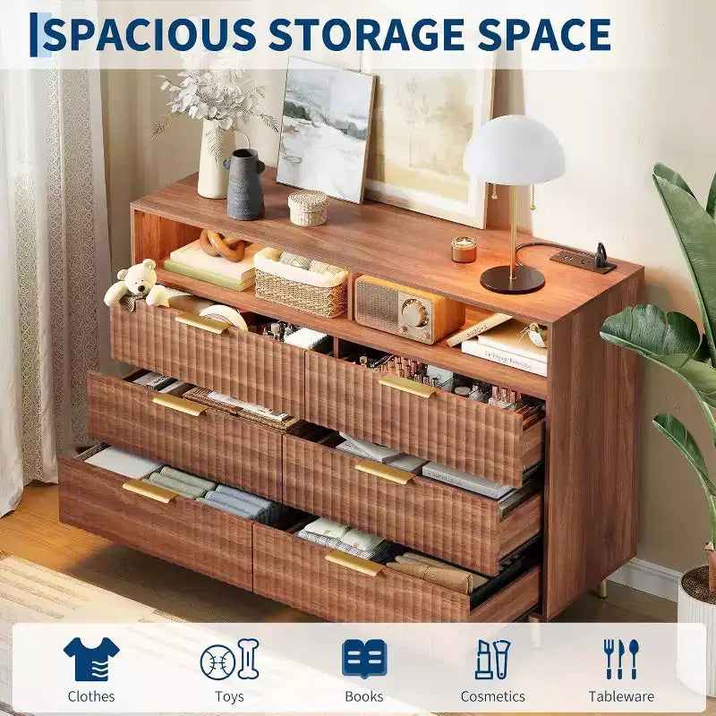 Commode moderne GustoWave de 120 cm de large avec 6 tiroirs pour chambre à coucher, avec lumières LED et station de recharge, marron