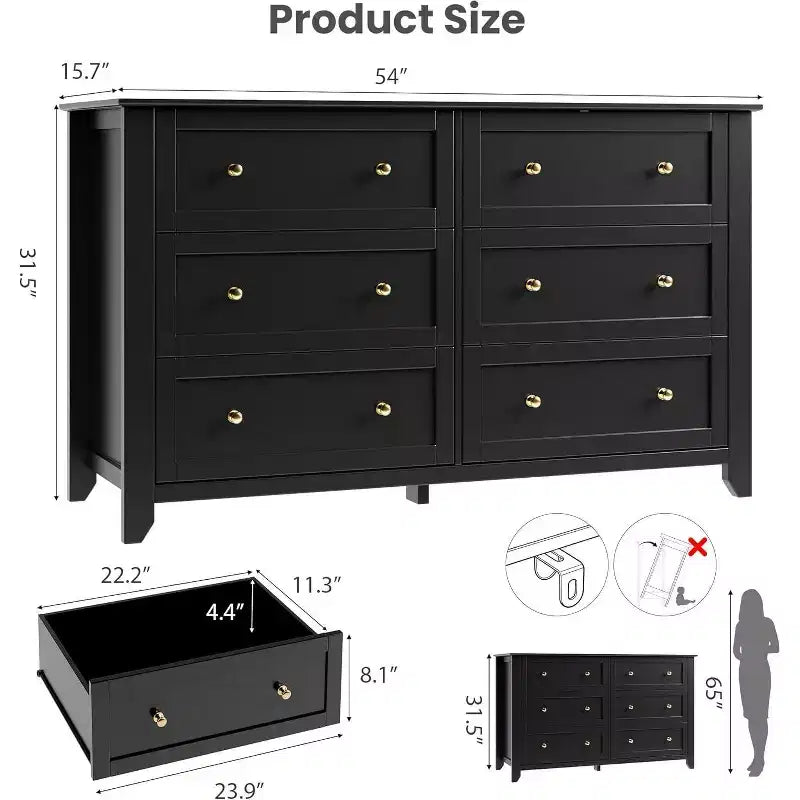 Commode à 6 tiroirs large GustoWave Modern 54" pour chambre, entrée, couloir, noire