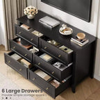 Commode à 6 tiroirs large GustoWave Modern 54" pour chambre, entrée, couloir, noire