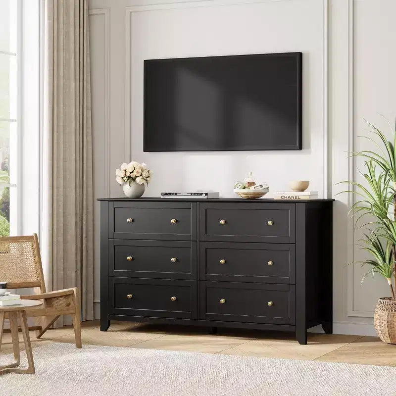 Commode à 6 tiroirs large GustoWave Modern 54" pour chambre, entrée, couloir, noire