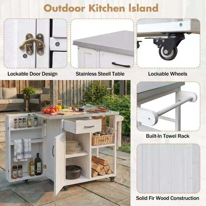 GDFStudio Tony Outdoor Kitchen Island Fir Wood Prep Station with Stainless Steel Top