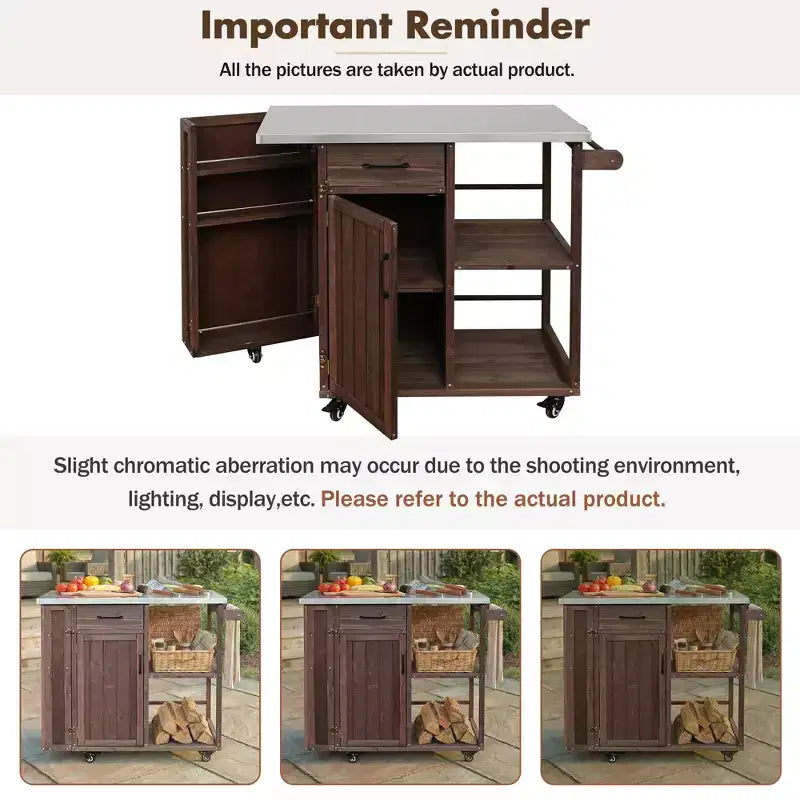 GDFStudio Tony Outdoor Kitchen Island Fir Wood Prep Station with Stainless Steel Top