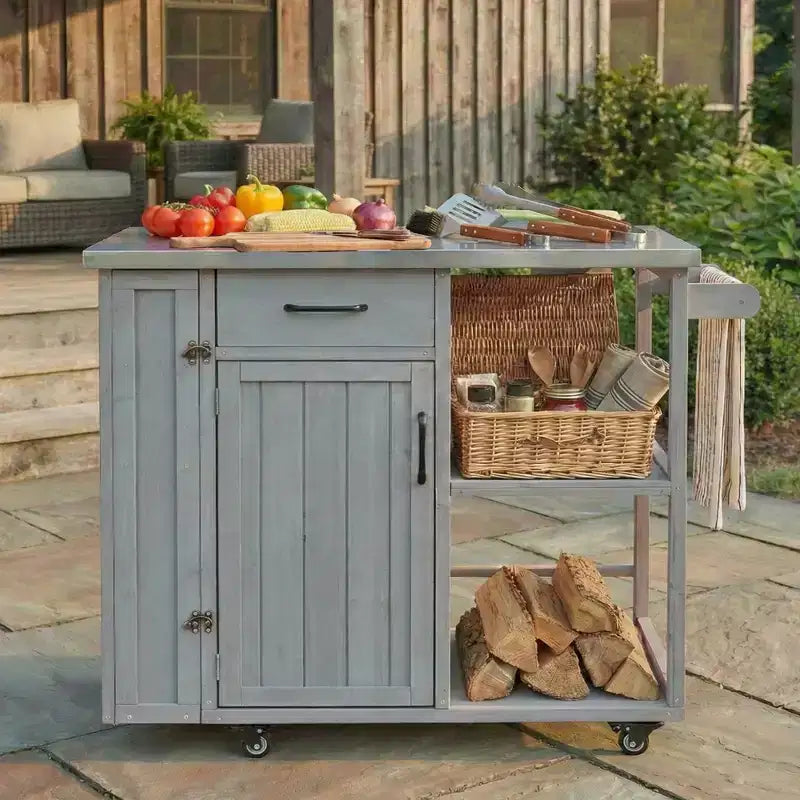 GDFStudio Tony Outdoor Kitchen Island Fir Wood Prep Station with Stainless Steel Top
