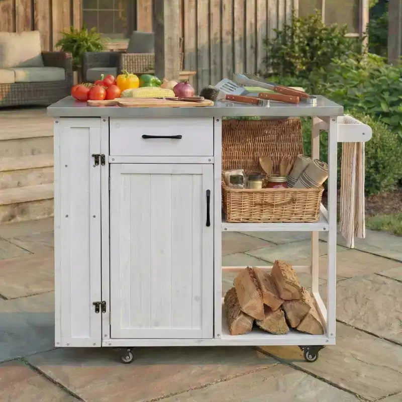 GDFStudio Tony Outdoor Kitchen Island Fir Wood Prep Station with Stainless Steel Top