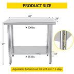 Table de préparation en acier inoxydable 30 x 24 pouces avec étagère inférieure réglable et roulettes, plan de travail commercial robuste pour cuisine, restaurant, maison et hôtel