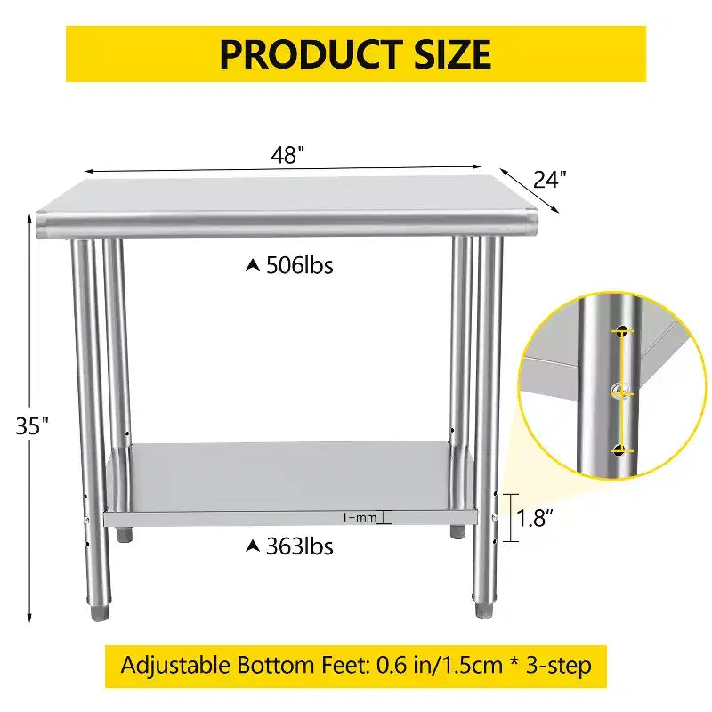 Table de préparation en acier inoxydable 30 x 24 pouces avec étagère inférieure réglable et roulettes, plan de travail commercial robuste pour cuisine, restaurant, maison et hôtel
