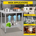 Table de préparation en acier inoxydable 30 x 24 pouces avec étagère inférieure réglable et roulettes, plan de travail commercial robuste pour cuisine, restaurant, maison et hôtel