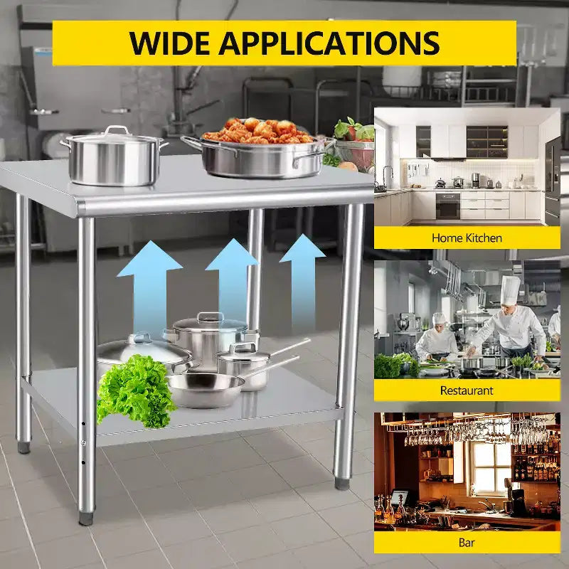 Table de préparation en acier inoxydable 30 x 24 pouces avec étagère inférieure réglable et roulettes, plan de travail commercial robuste pour cuisine, restaurant, maison et hôtel