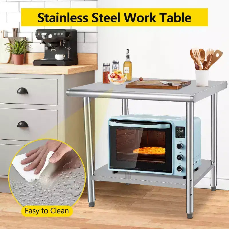 Table de préparation en acier inoxydable 30 x 24 pouces avec étagère inférieure réglable et roulettes, plan de travail commercial robuste pour cuisine, restaurant, maison et hôtel