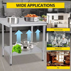 Table de préparation en acier inoxydable 30 x 24 pouces avec étagère inférieure réglable et roulettes, plan de travail commercial robuste pour cuisine, restaurant, maison et hôtel