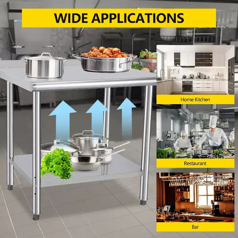 Table de préparation en acier inoxydable 30 x 24 pouces avec étagère inférieure réglable et roulettes, plan de travail commercial robuste pour cuisine, restaurant, maison et hôtel