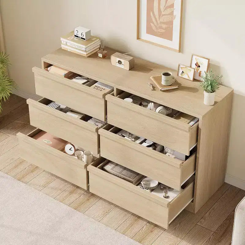 Commode de rangement GustoWave à 6 tiroirs avec plateau imperméable, finition chêne naturel, pour chambre ou entrée