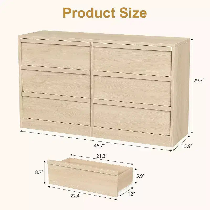 Commode de rangement GustoWave à 6 tiroirs avec plateau imperméable, finition chêne naturel, pour chambre ou entrée