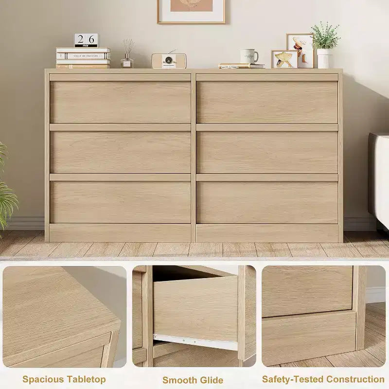 Commode de rangement GustoWave à 6 tiroirs avec plateau imperméable, finition chêne naturel, pour chambre ou entrée