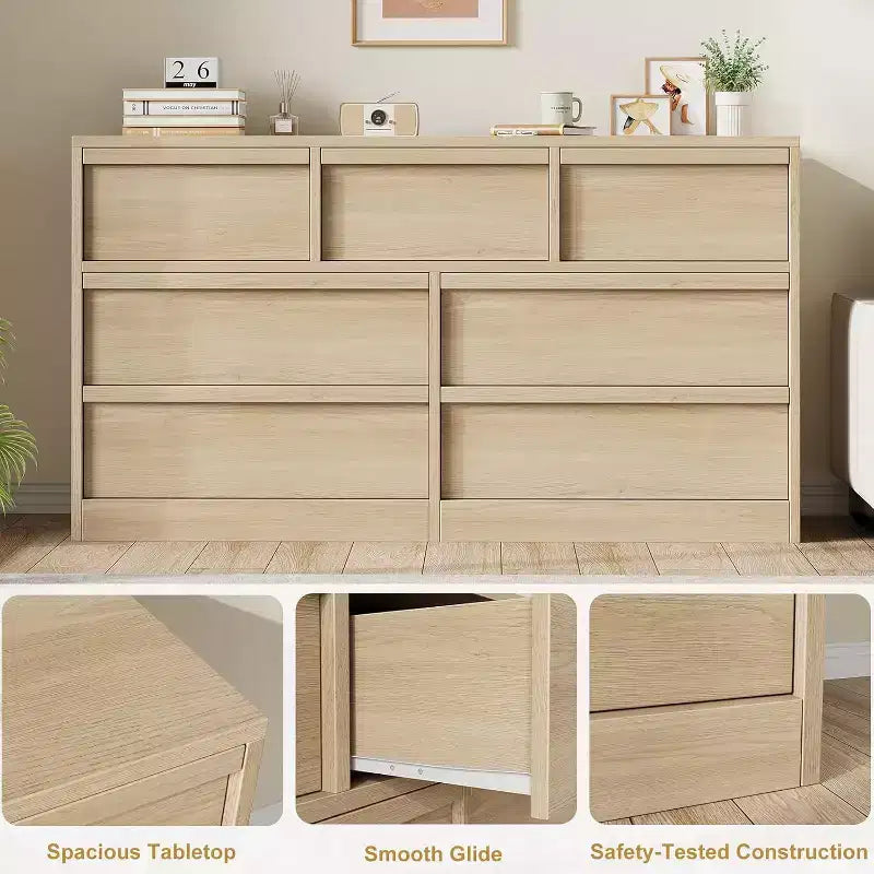 Commode de rangement GustoWave à 6 tiroirs avec plateau imperméable, finition chêne naturel, pour chambre ou entrée