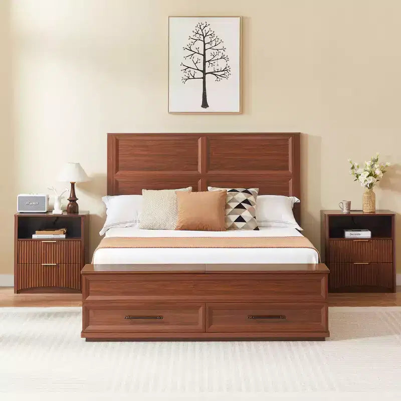 GDFStudio Nuru Modern Wooden Bed Frame with 3D Geometric Headboard and 4-Drawer Storage Bench