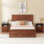 GDFStudio Nuru Modern Wooden Bed Frame with 3D Geometric Headboard and 4-Drawer Storage Bench