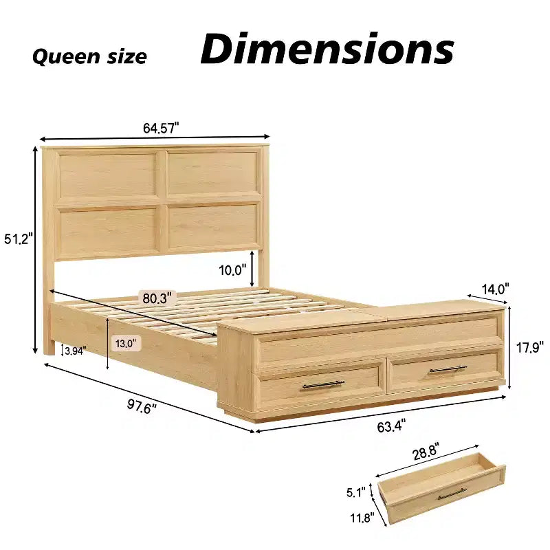 GDFStudio Nuru Modern Wooden Bed Frame with 3D Geometric Headboard and 4-Drawer Storage Bench