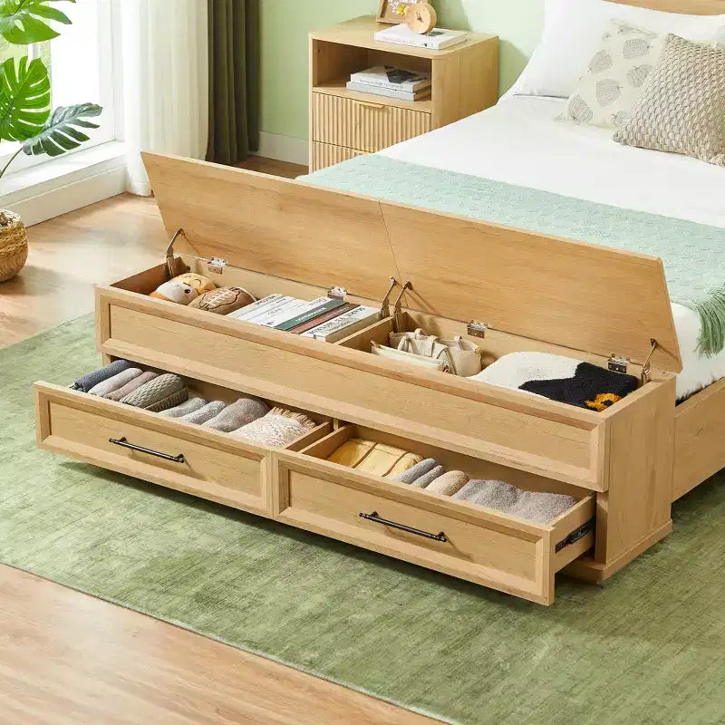 GDFStudio Nuru Modern Wooden Bed Frame with 3D Geometric Headboard and 4-Drawer Storage Bench