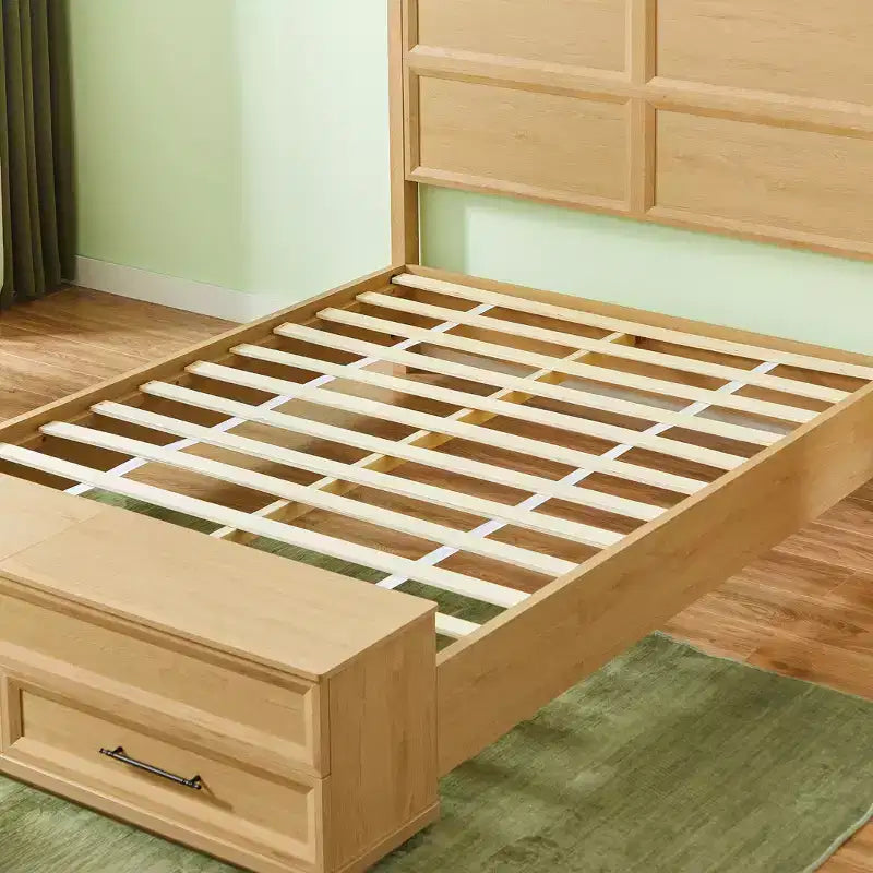 GDFStudio Nuru Modern Wooden Bed Frame with 3D Geometric Headboard and 4-Drawer Storage Bench