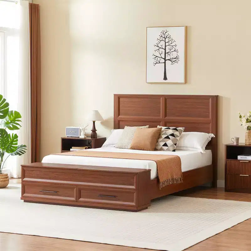 GDFStudio Nuru Modern Wooden Bed Frame with 3D Geometric Headboard and 4-Drawer Storage Bench