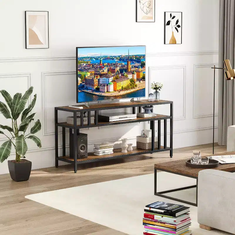 Meuble TV 165 cm pour téléviseurs jusqu'à 190 cm, meuble TV moderne avec 3 étagères de rangement ouvertes pour médias et décoration