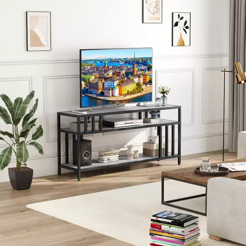 Meuble TV 165 cm pour téléviseurs jusqu'à 190 cm, meuble TV moderne avec 3 étagères de rangement ouvertes pour médias et décoration