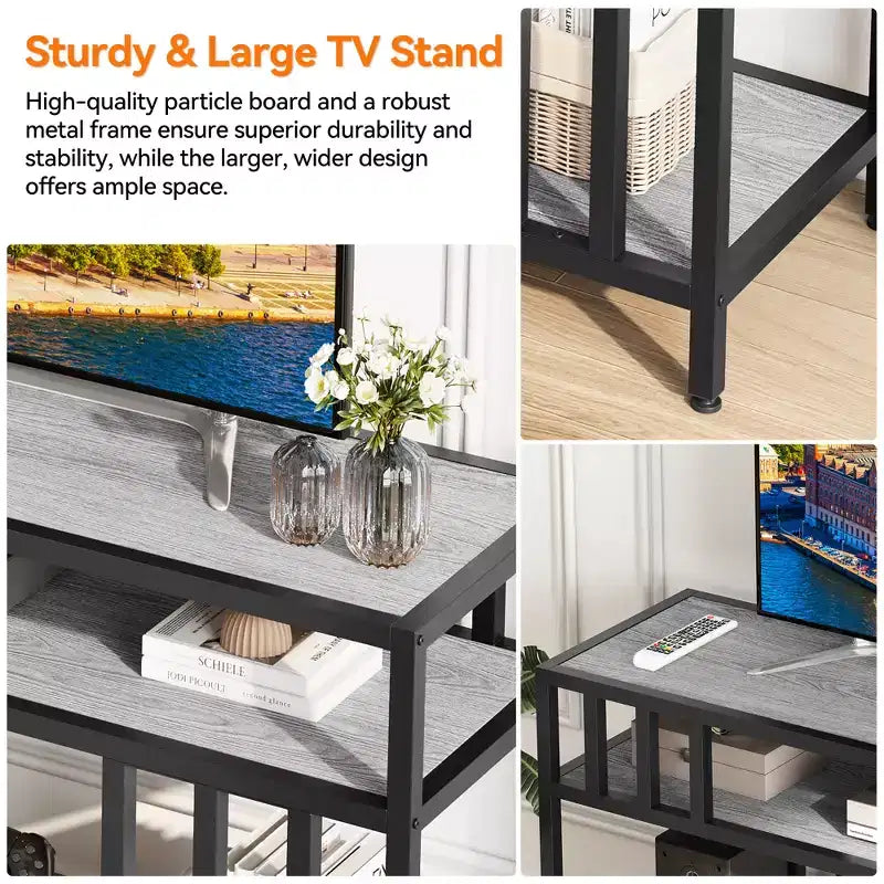 Meuble TV 165 cm pour téléviseurs jusqu'à 190 cm, meuble TV moderne avec 3 étagères de rangement ouvertes pour médias et décoration