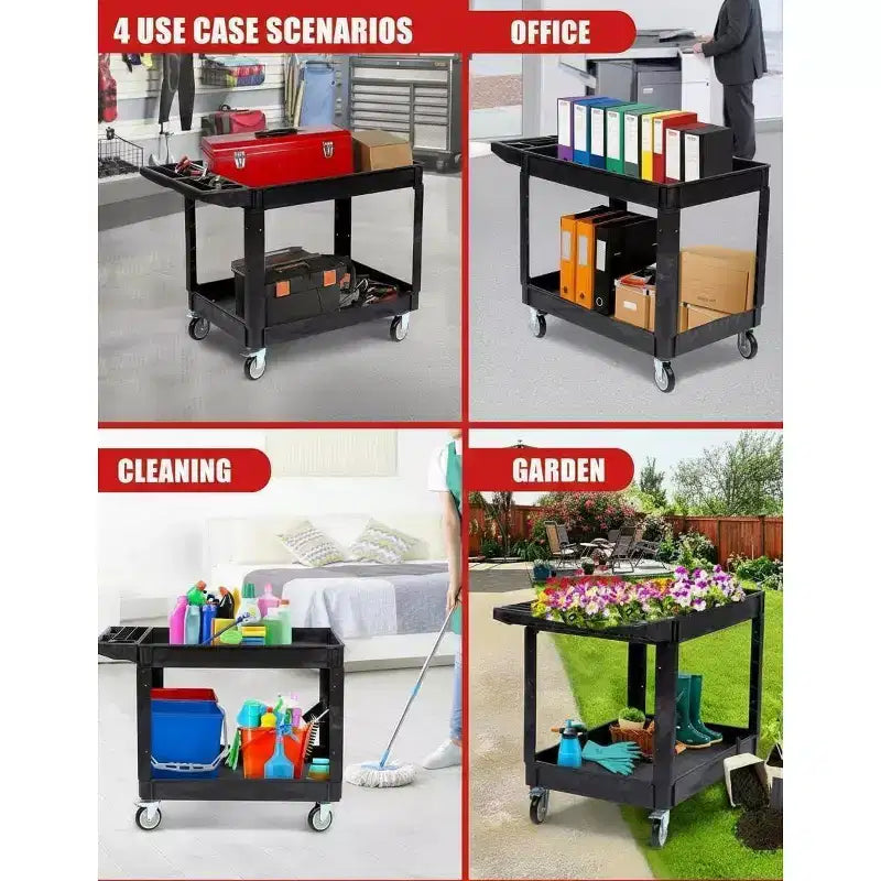 2-Tier Rolling Utility Service Cart with 360 Swivel Wheels & Brakes, 550LBS, Ergonomic Storage Handle for Warehouse/Garage/Cleaning, 40*17 in