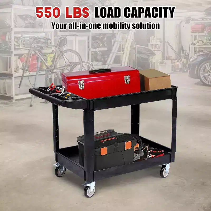 2-Tier Rolling Utility Service Cart with 360 Swivel Wheels & Brakes, 550LBS, Ergonomic Storage Handle for Warehouse/Garage/Cleaning, 40*17 in