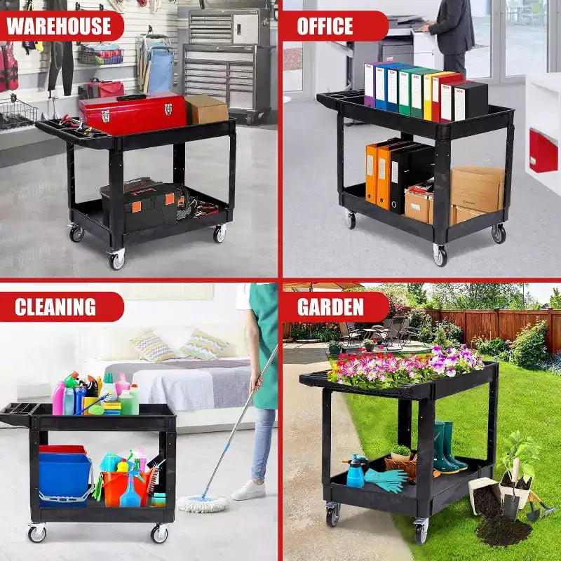 2-Tier Rolling Utility Service Cart with 360 Swivel Wheels & Brakes, 550LBS, Ergonomic Storage Handle for Warehouse/Garage/Cleaning, 40*17 in